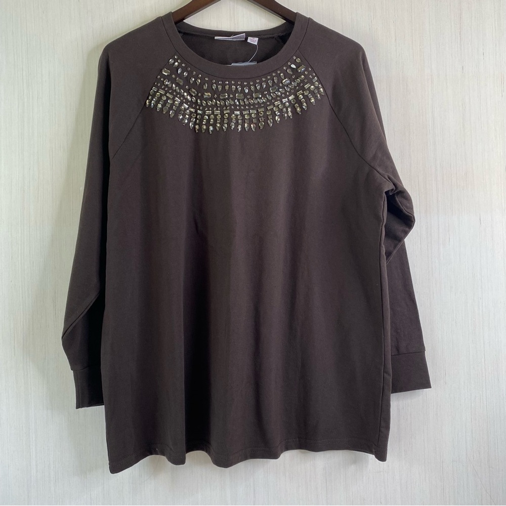 NWOT Quacker Factory Rockin Rhinestone Raglan Sleeve Sweatshirt Brown Size 1X